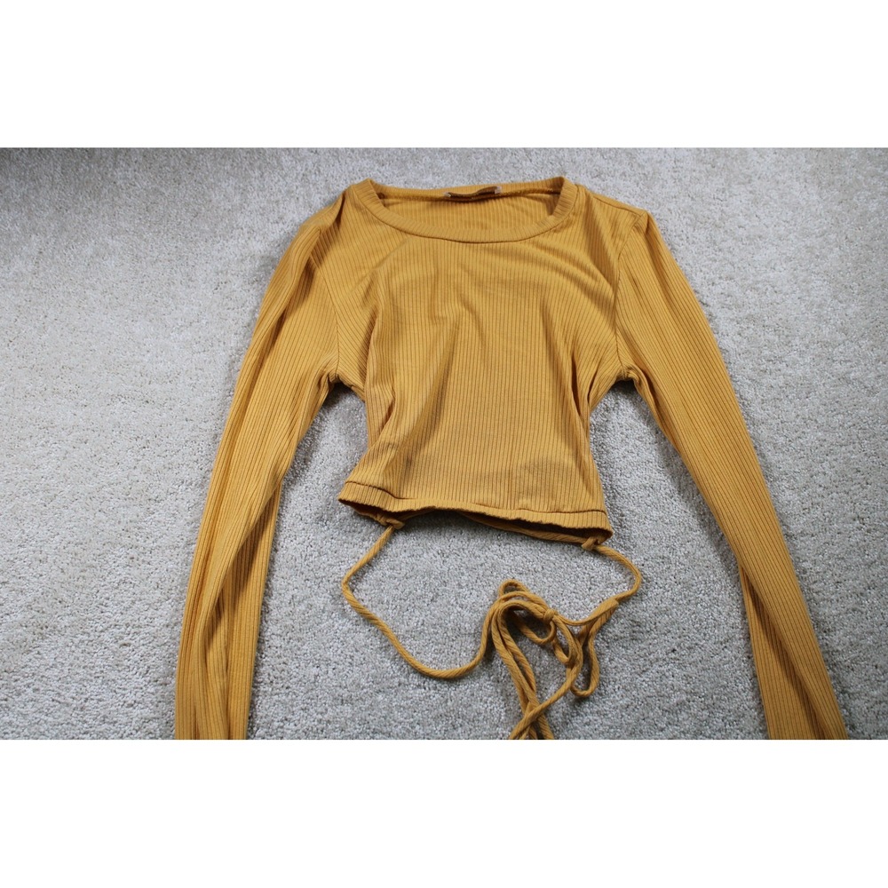 Endless Blu Shirt Womens Small Yellow Ribbed Long Sleeve Tie Back‎ Crop Top USA